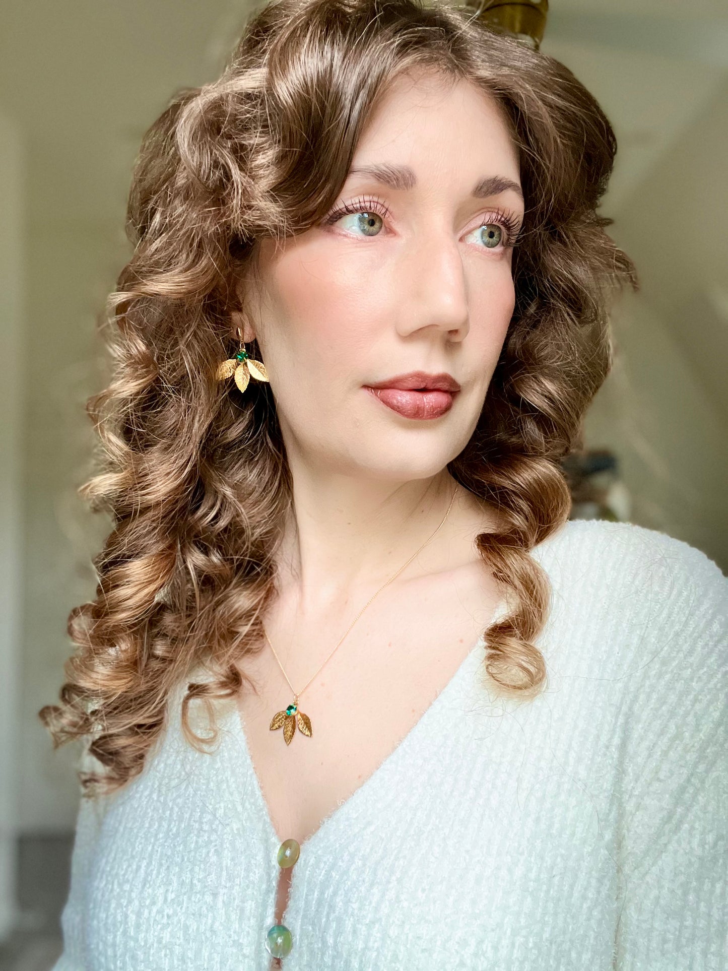 Emerald + Leaves Drop Earrings