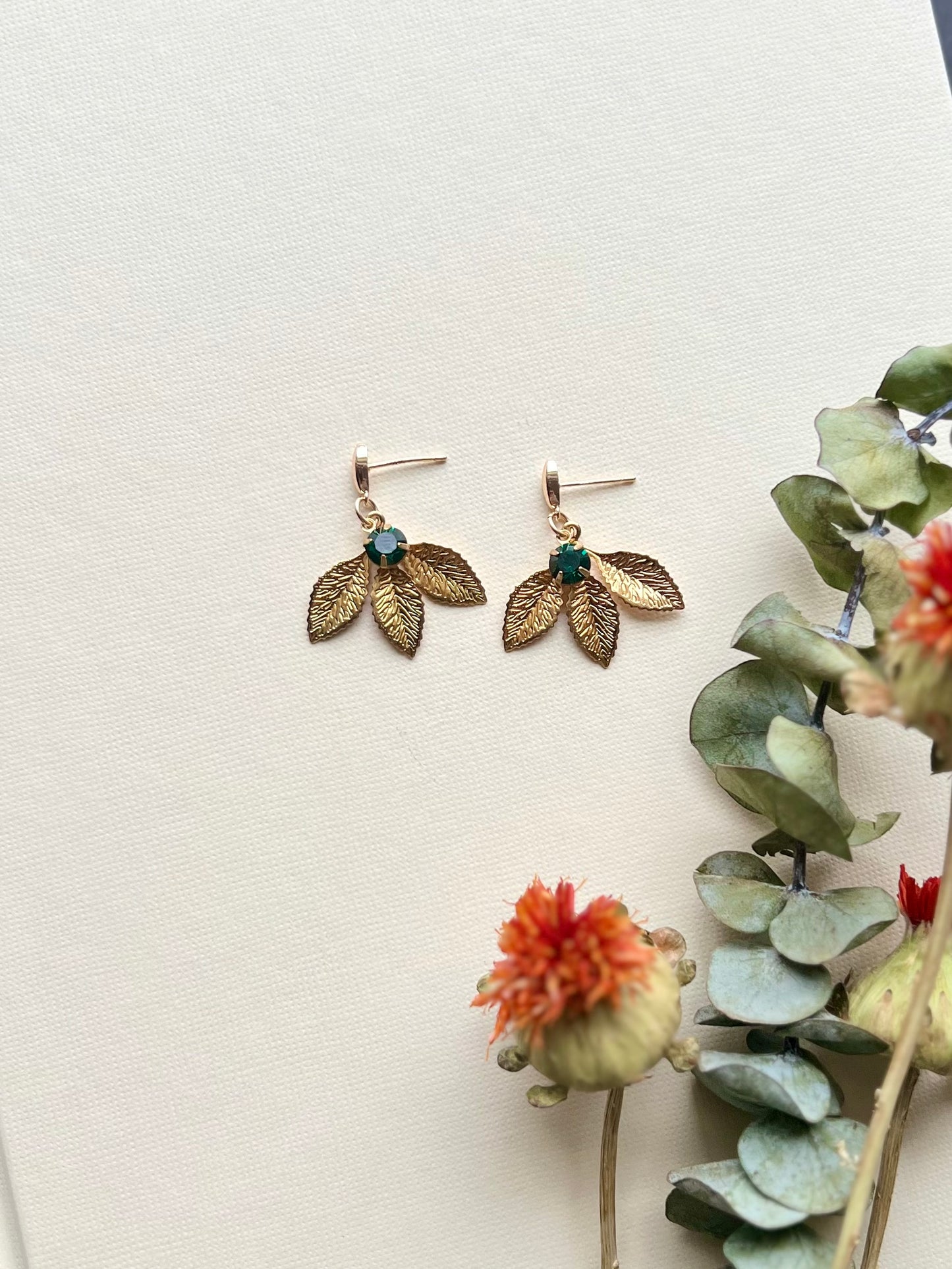 Emerald + Leaves Drop Earrings