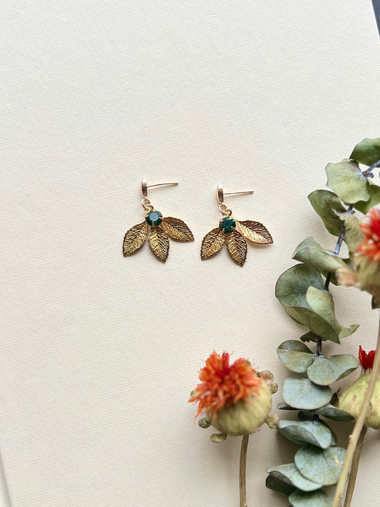 Emerald + Leaves Drop Earrings