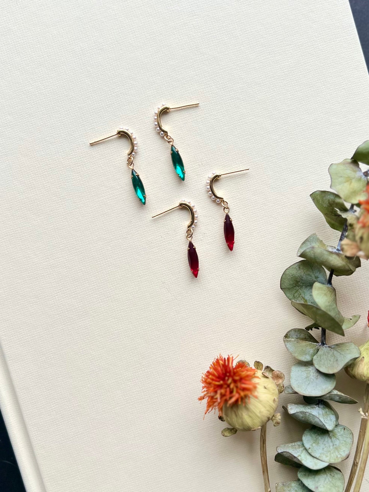 Ruby + Emerald Pearl Hoops